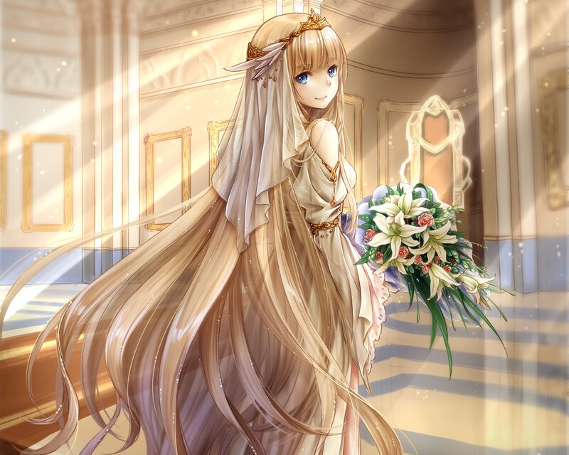 Anime Bride Holding Flowers — Beige