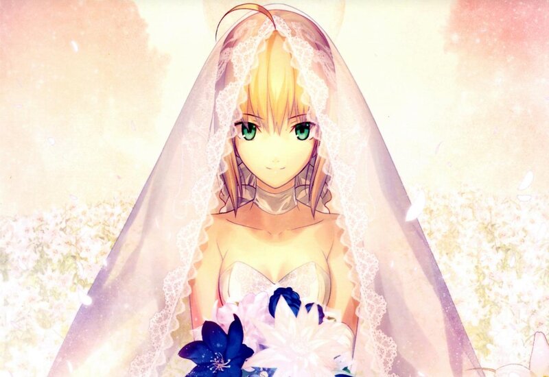 Anime Bride Holding Flowers — White, Serene, Sunset