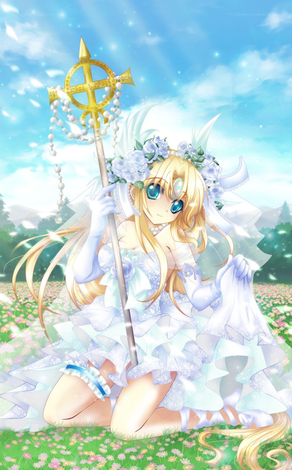 Anime bride in a flower field