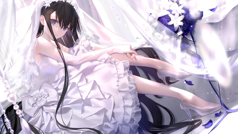 Anime Bride in White Dress — Serene, Digital Art, Veil, Bouquet