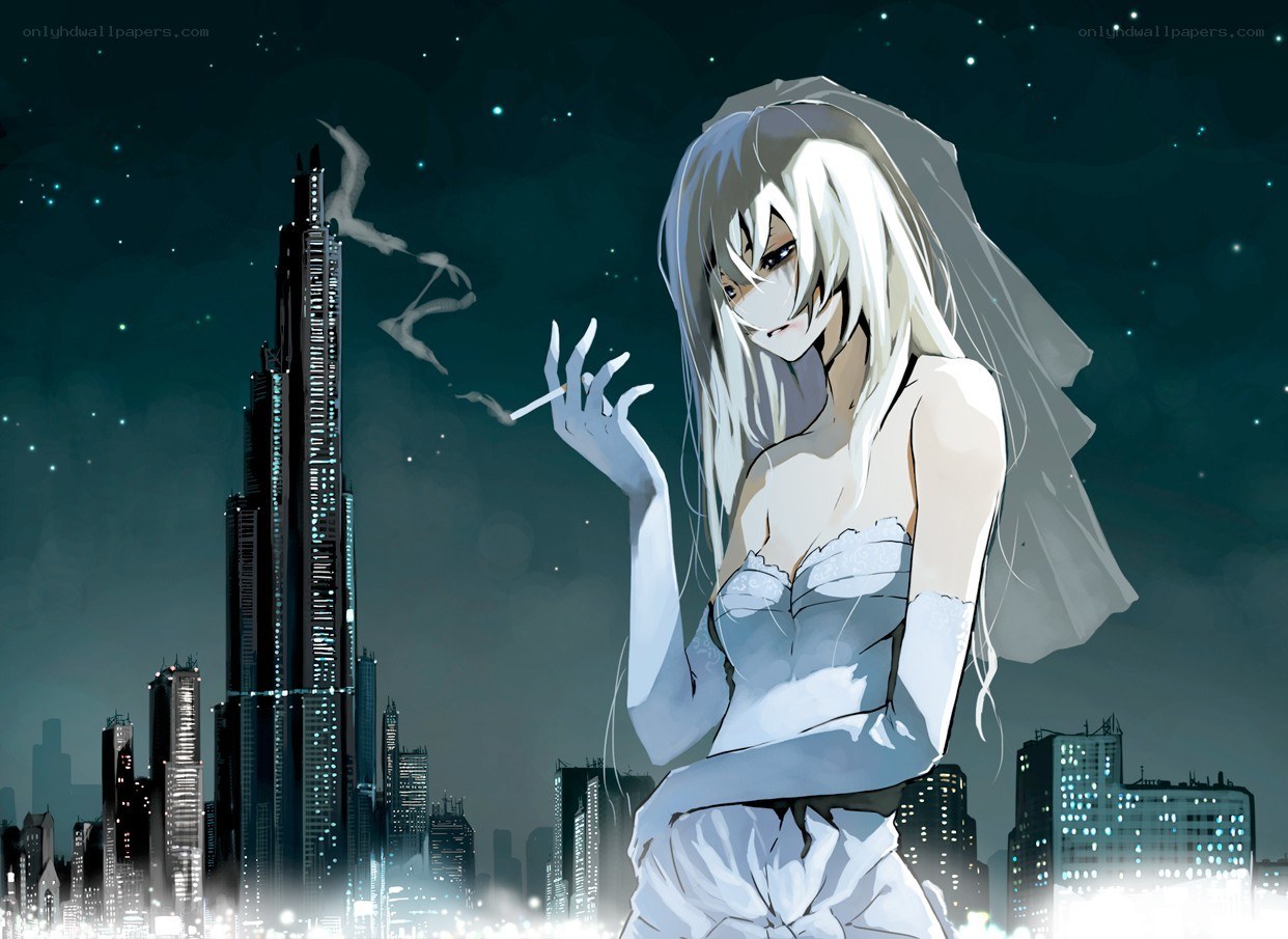 anime bride smoking at night