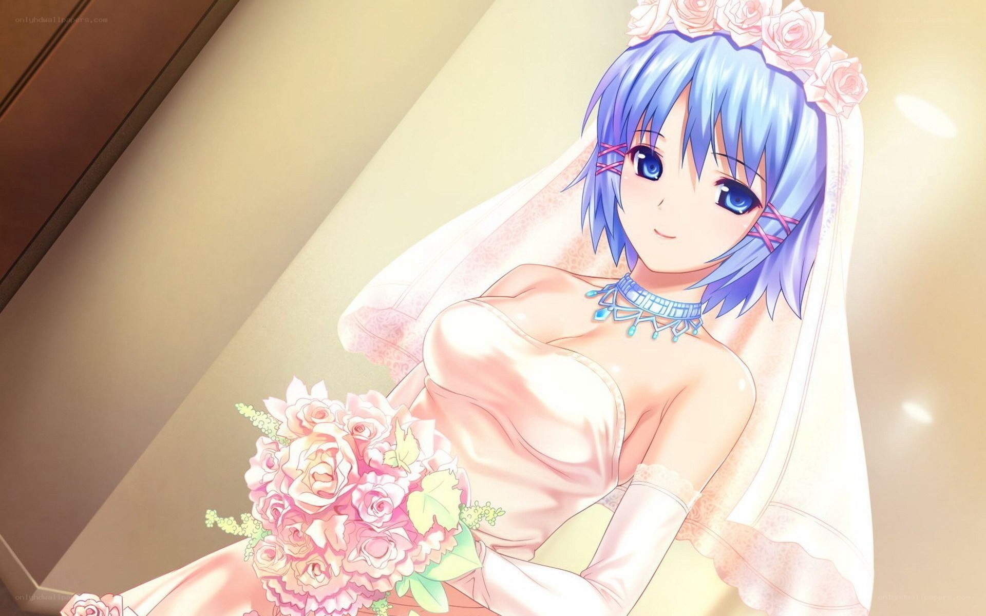 anime bride with bouquet