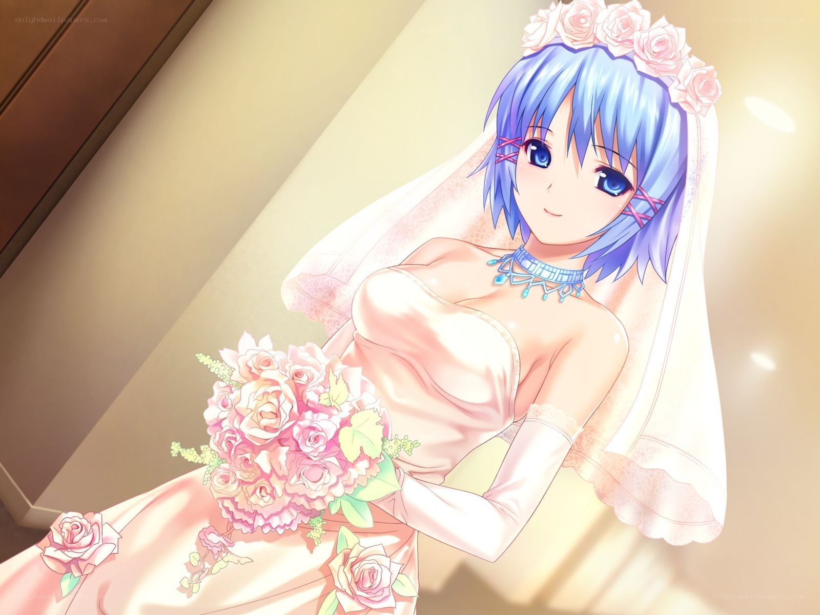 anime bride with bouquet