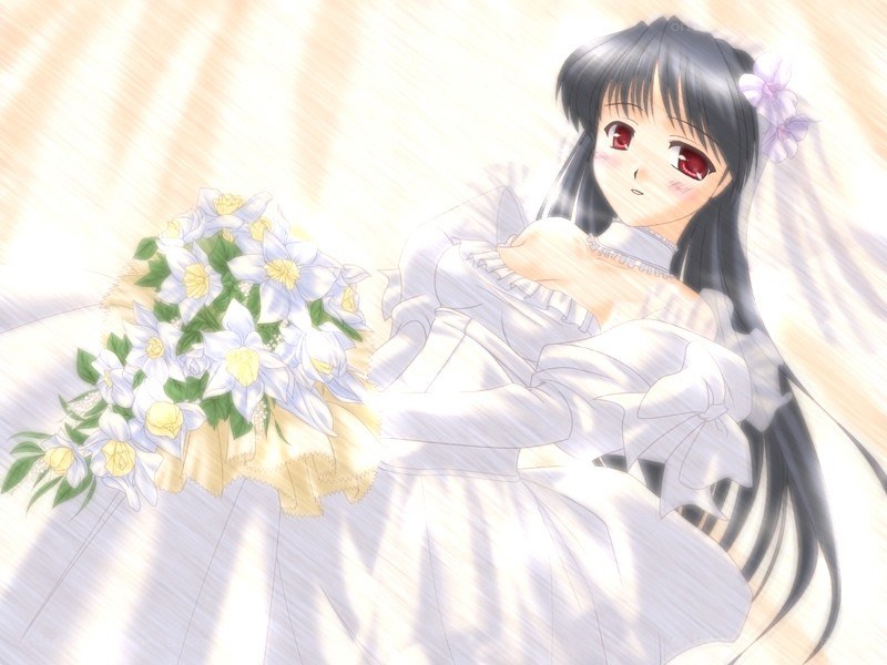 anime bride with bouquet