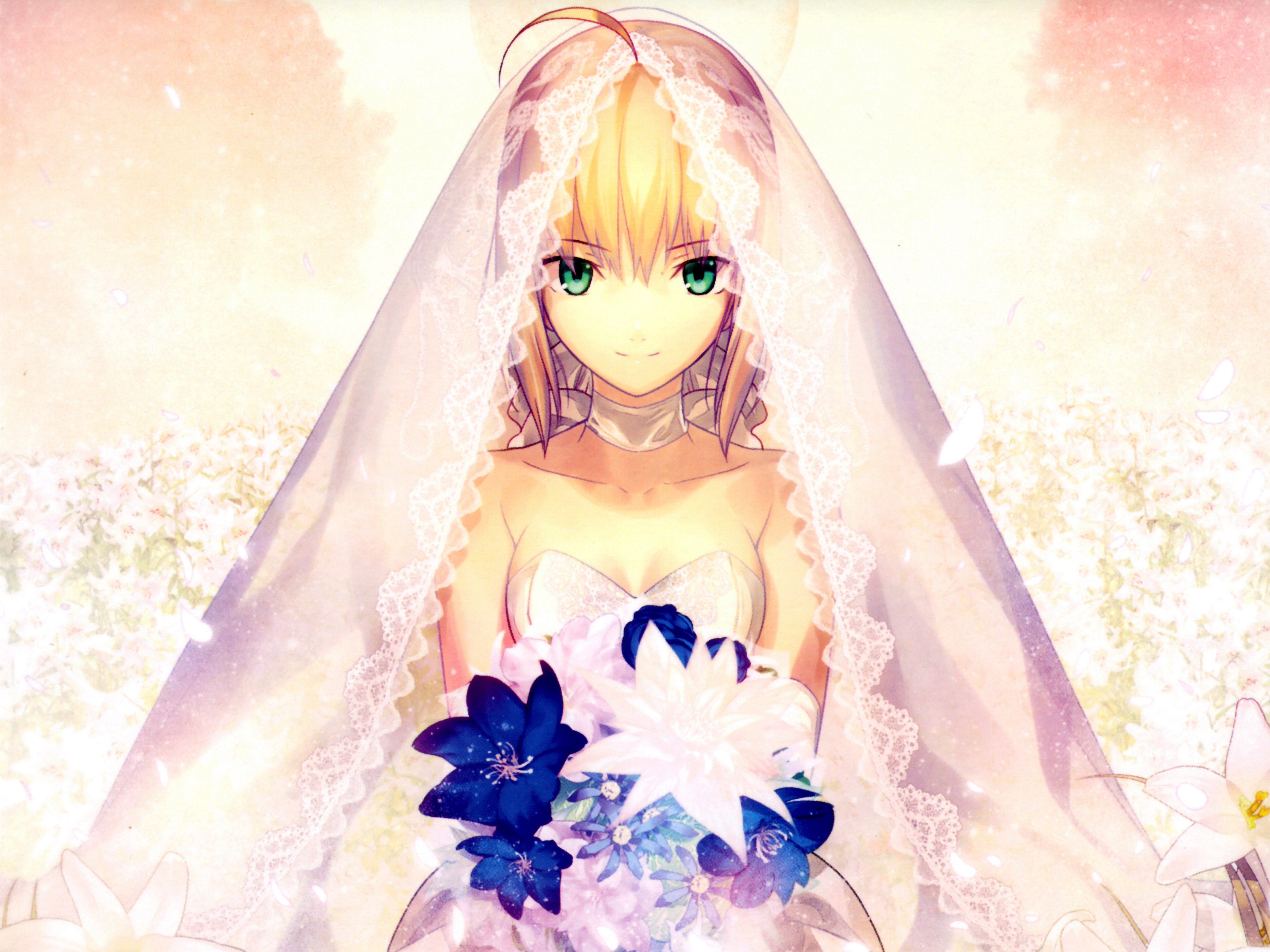 anime bride with bouquet