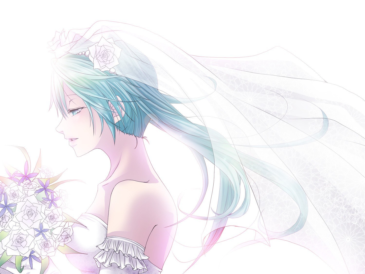 anime bride with bouquet