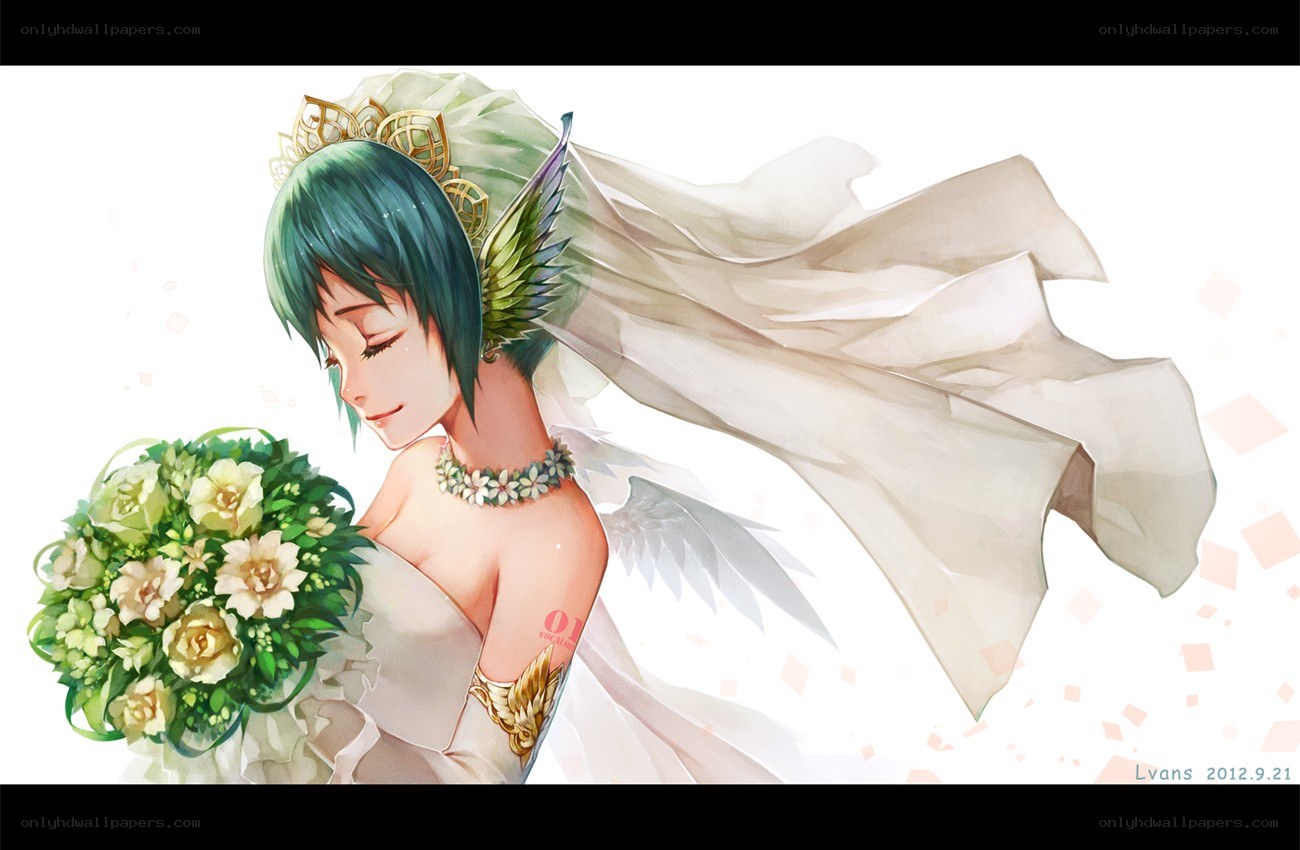 anime bride with bouquet