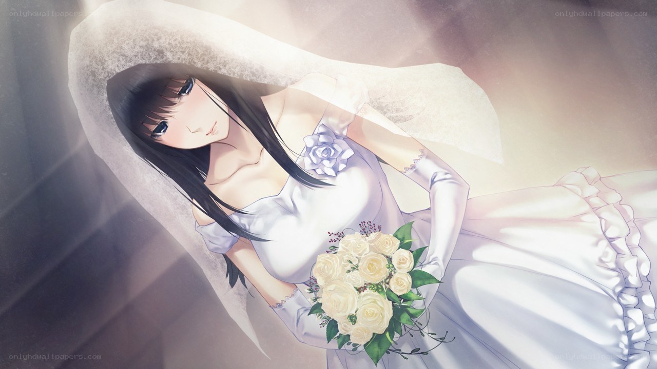 anime bride with bouquet