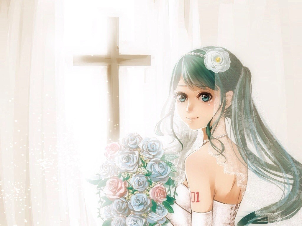 anime bride with bouquet