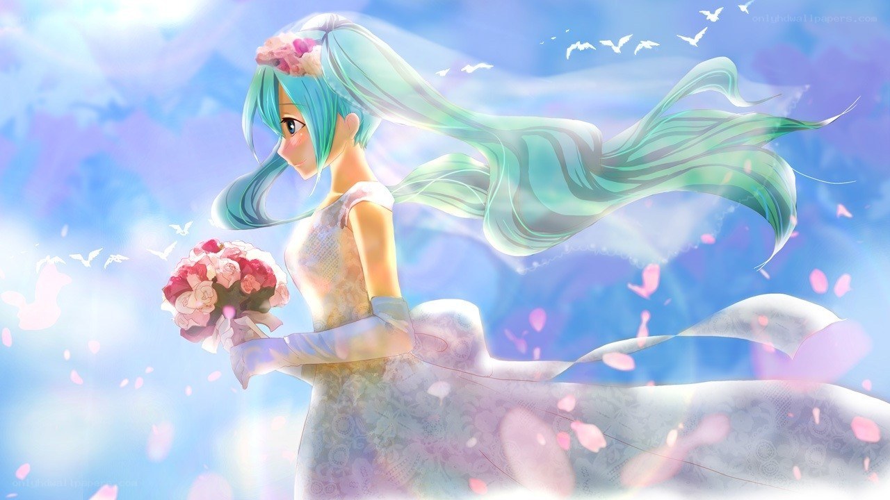 anime bride with bouquet