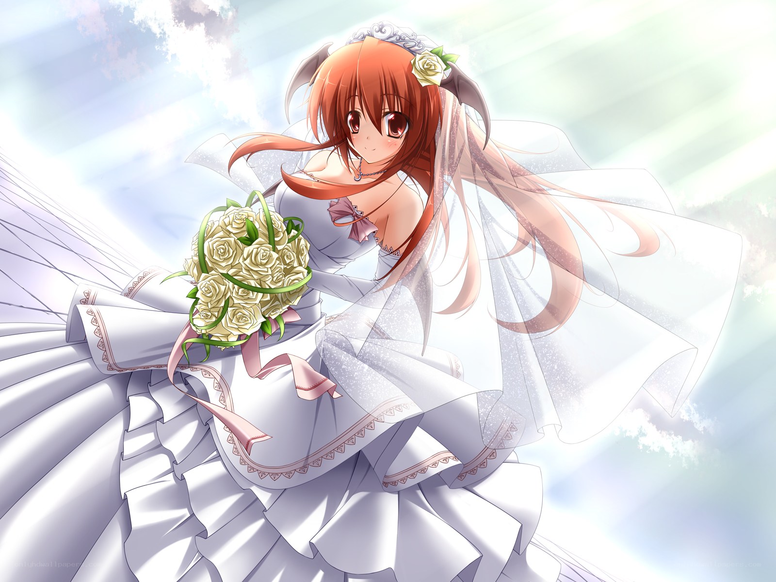 anime bride with bouquet