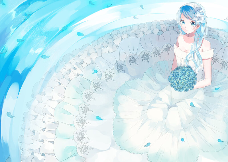 Anime Bride with Bouquet — Blue, Serene