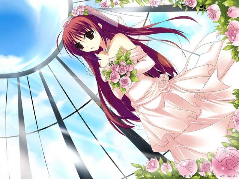 Anime Bride with Bouquet — Pink, Serene