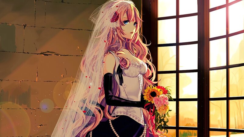 Anime Bride with Bouquet — White, Dramatic, Sunset, Digital Art