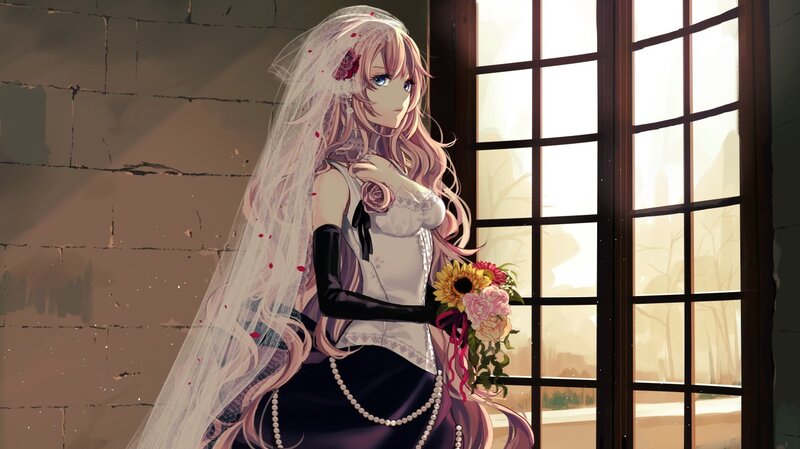 Anime Bride with Bouquet — White, Dramatic, Sunset, Digital Art, Veil
