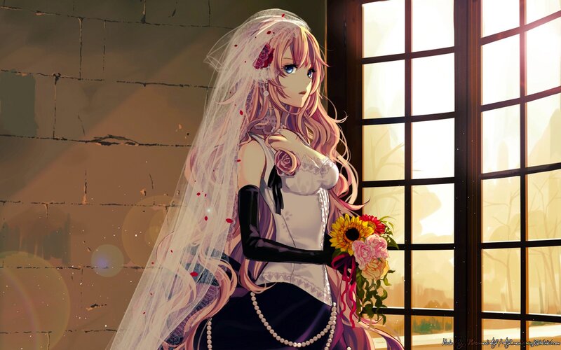 Anime Bride with Bouquet — White, Dramatic, Sunset