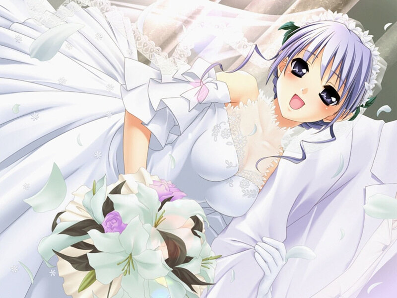 Anime Bride with Bouquet — White, Joyful