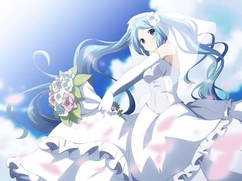 Anime Bride with Bouquet — White, Serene, Afternoon, Veil, Long Hair