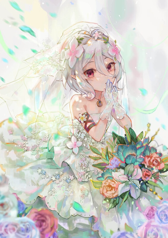 Anime Bride with Bouquet — White, Serene, Digital Art, Flowers, Veil