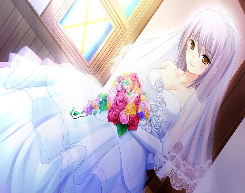 Anime Bride with Bouquet — White, Serene, Morning