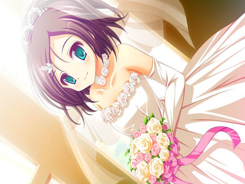 Anime Bride with Bouquet — White, Serene, Veil, Tiara