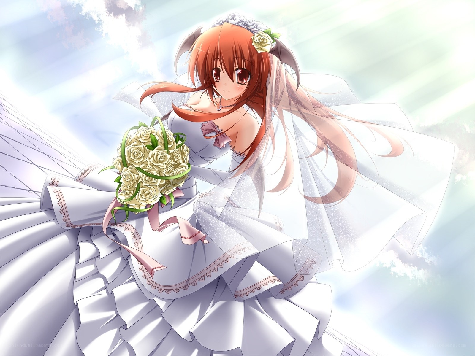 anime bride with bouquet