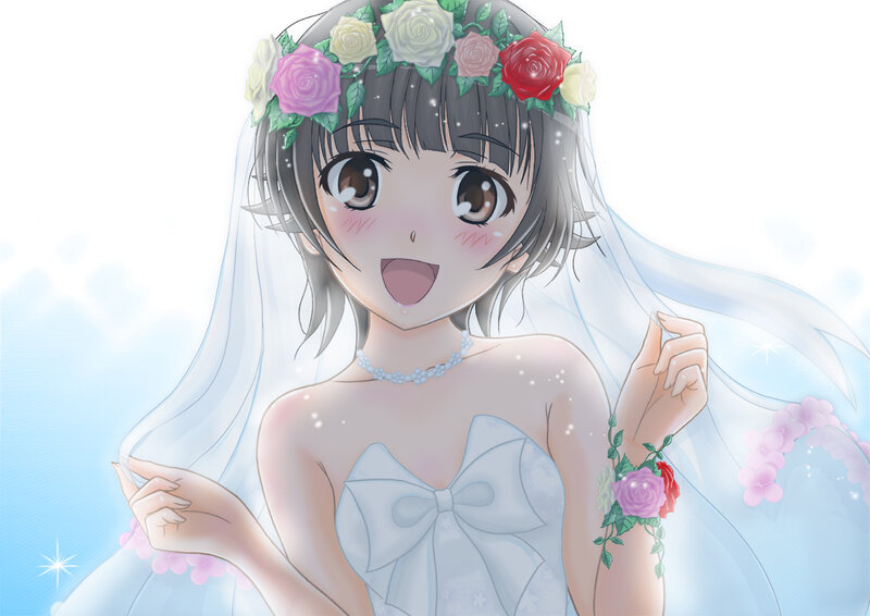 Anime Bride with Flowers — White, Joyful