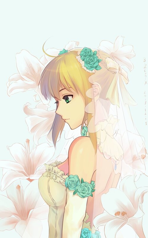 Anime Bride with Flowers — White, Serene, Digital Art
