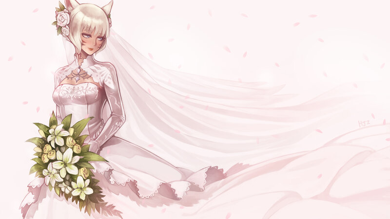Anime Bride with Flowers — White, Serene, Spring