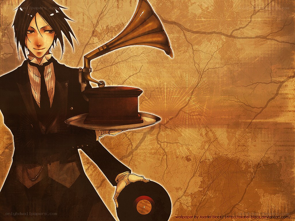 anime butler with gramophone
