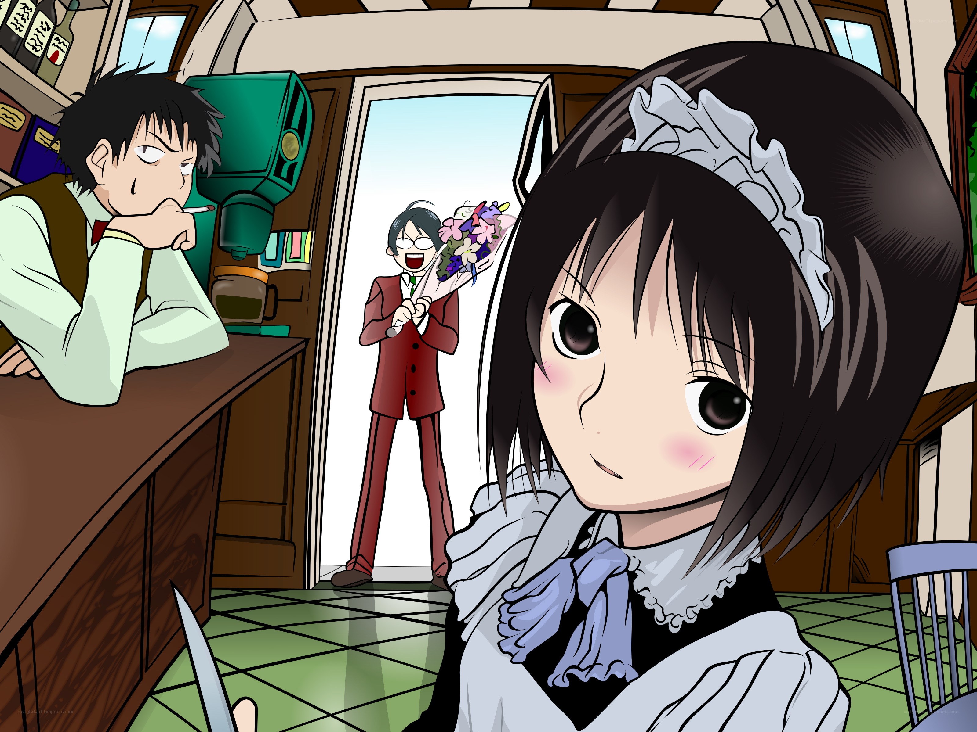 Anime cafe scene with characters