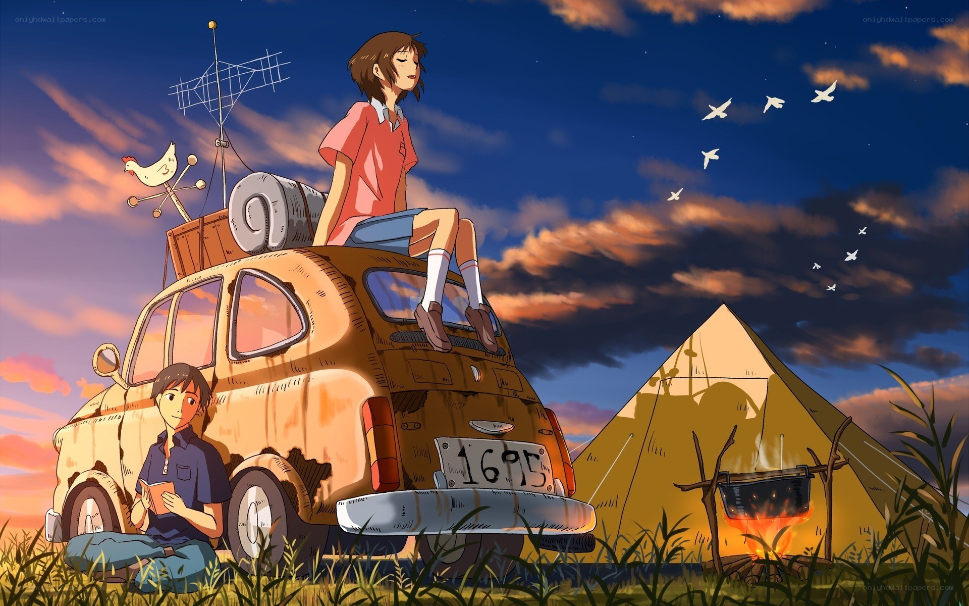 Anime camping scene at dusk
