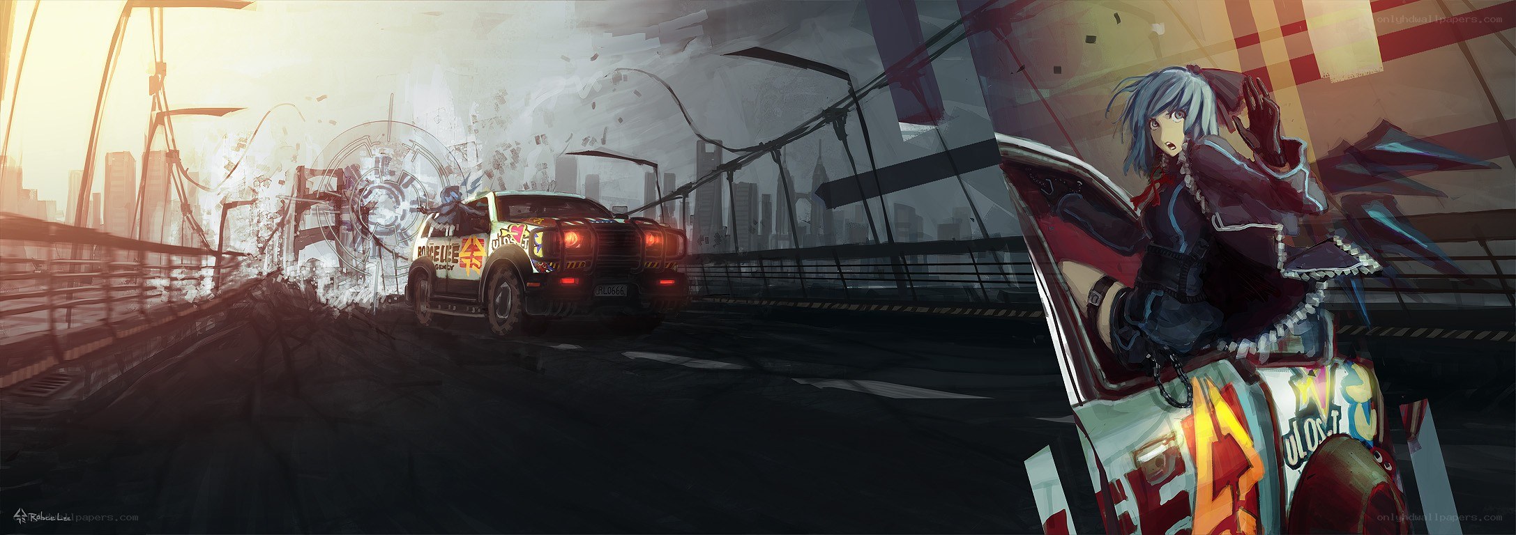 Anime car chase on a bridge