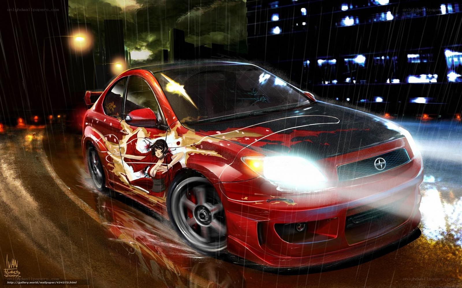 Anime car in rainy city