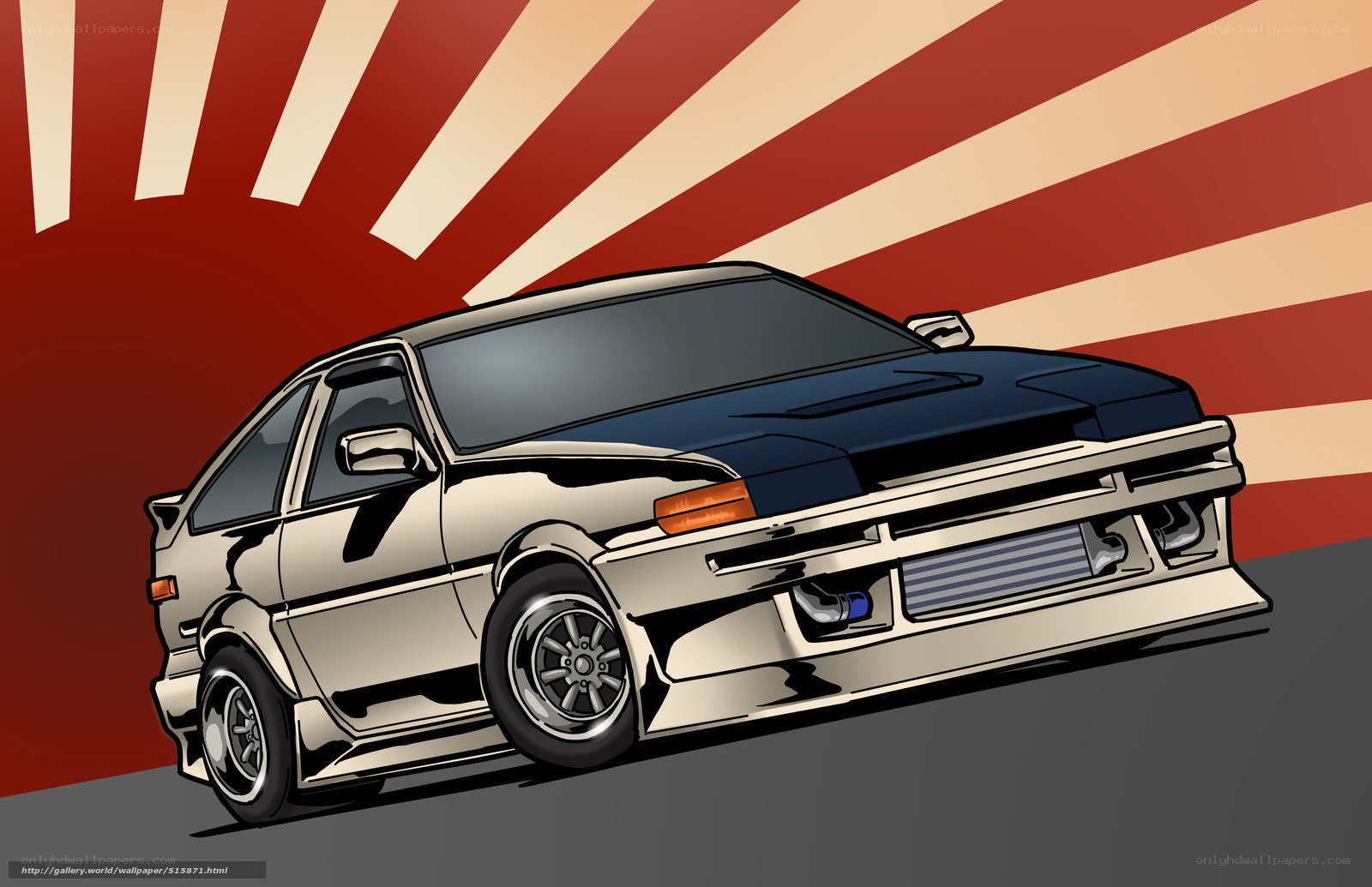anime car with sunburst background