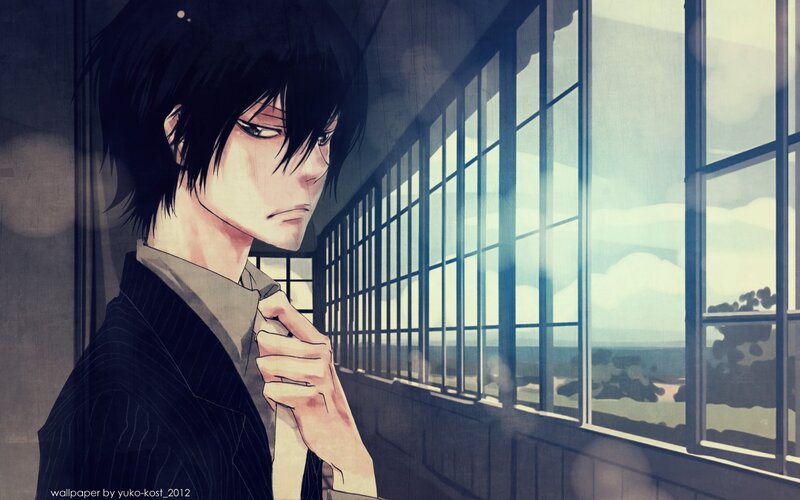 Anime Character Adjusting Tie — Black, Dramatic, Afternoon