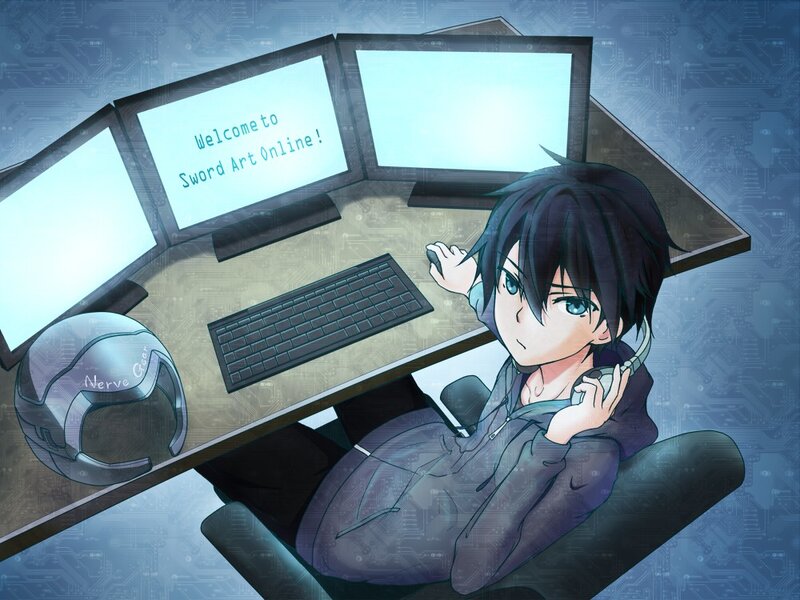 Anime Character at Computer — Blue, Focused