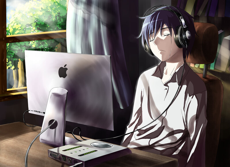 Anime character at computer desk