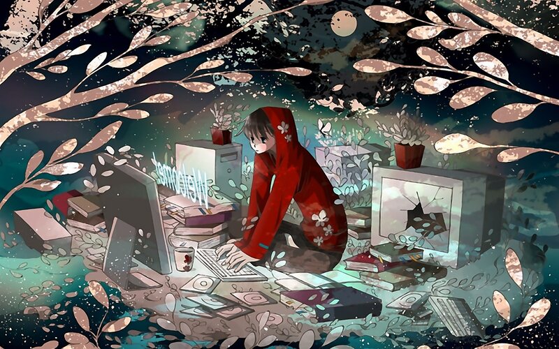 Anime character at computer in forest