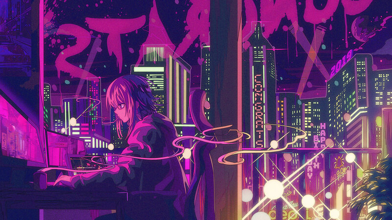 Anime Character at Computer — Purple, Nocturnal