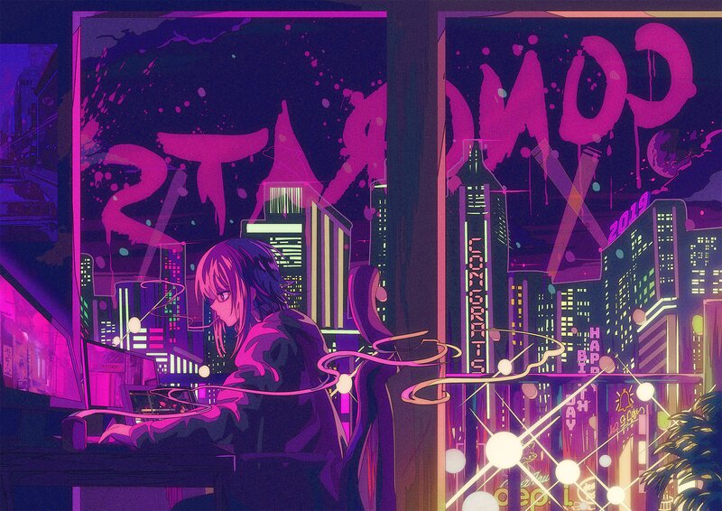 Anime Character at Computer — Purple
