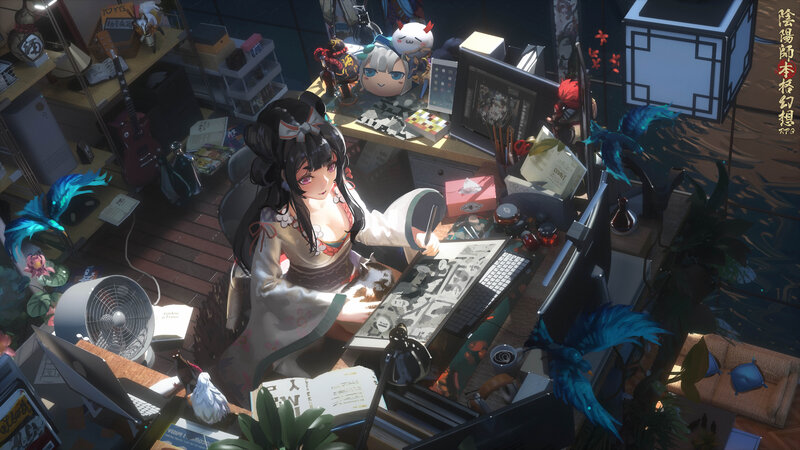 Anime Character at Desk — Black