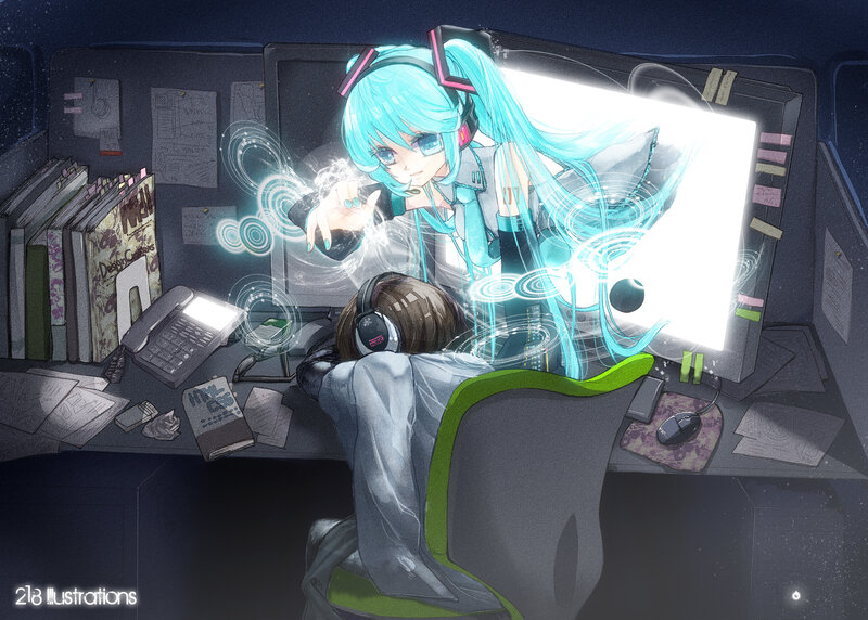 Anime Character at Desk — Blue