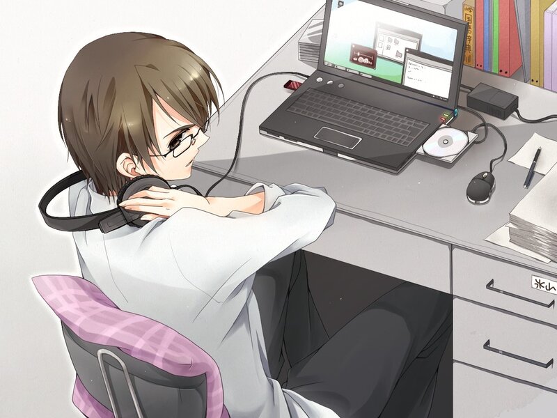 Anime Character at Desk — Gray