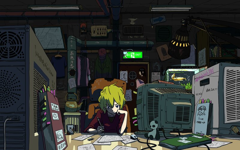 Anime Character at Desk — Green