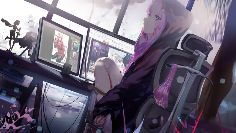 Anime Character at Desk — Purple, Calm