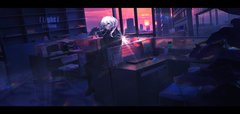 Anime Character at Desk — Purple, Dramatic