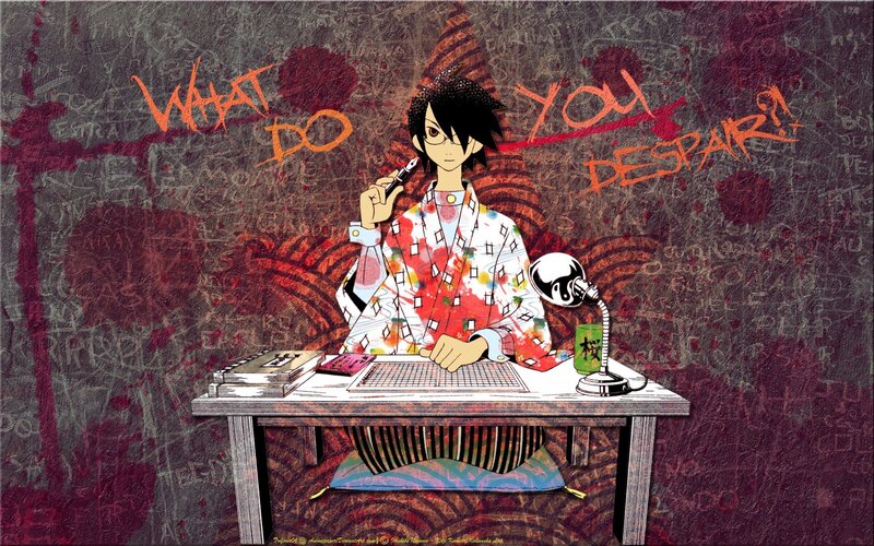 anime character at desk with text