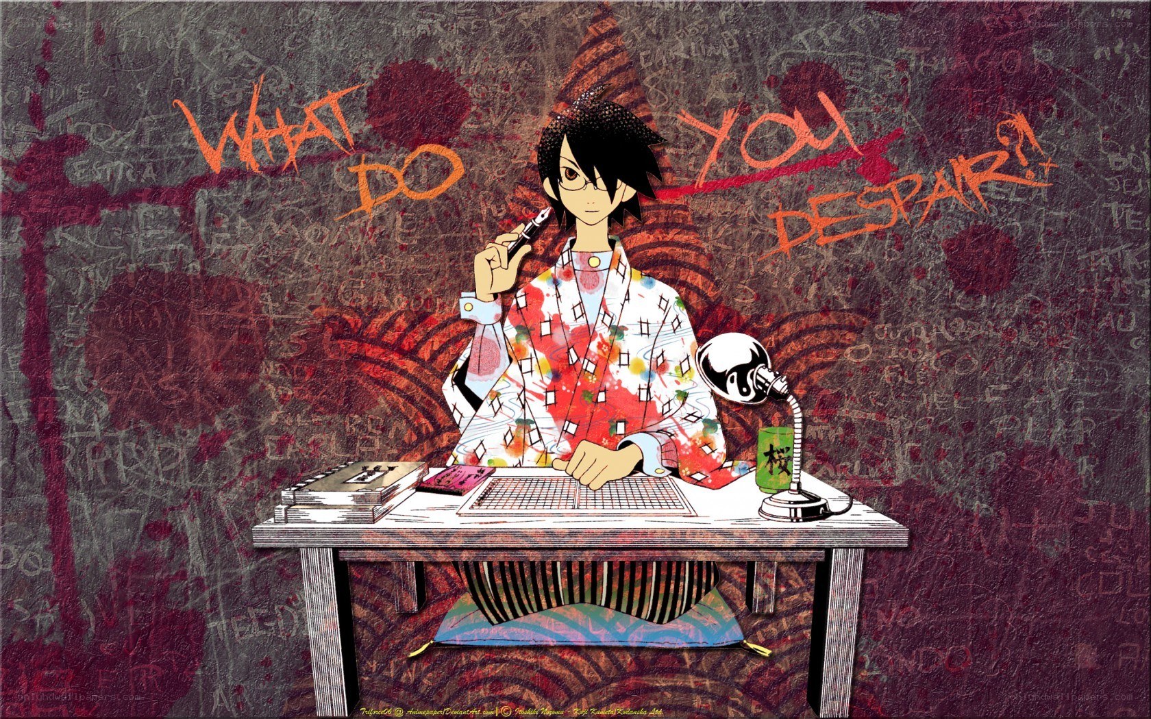 anime character at desk with text