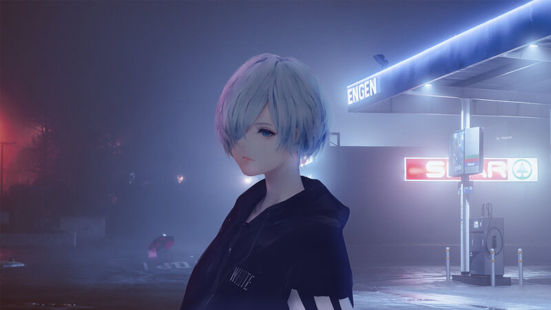 Anime Character at Gas Station — Blue